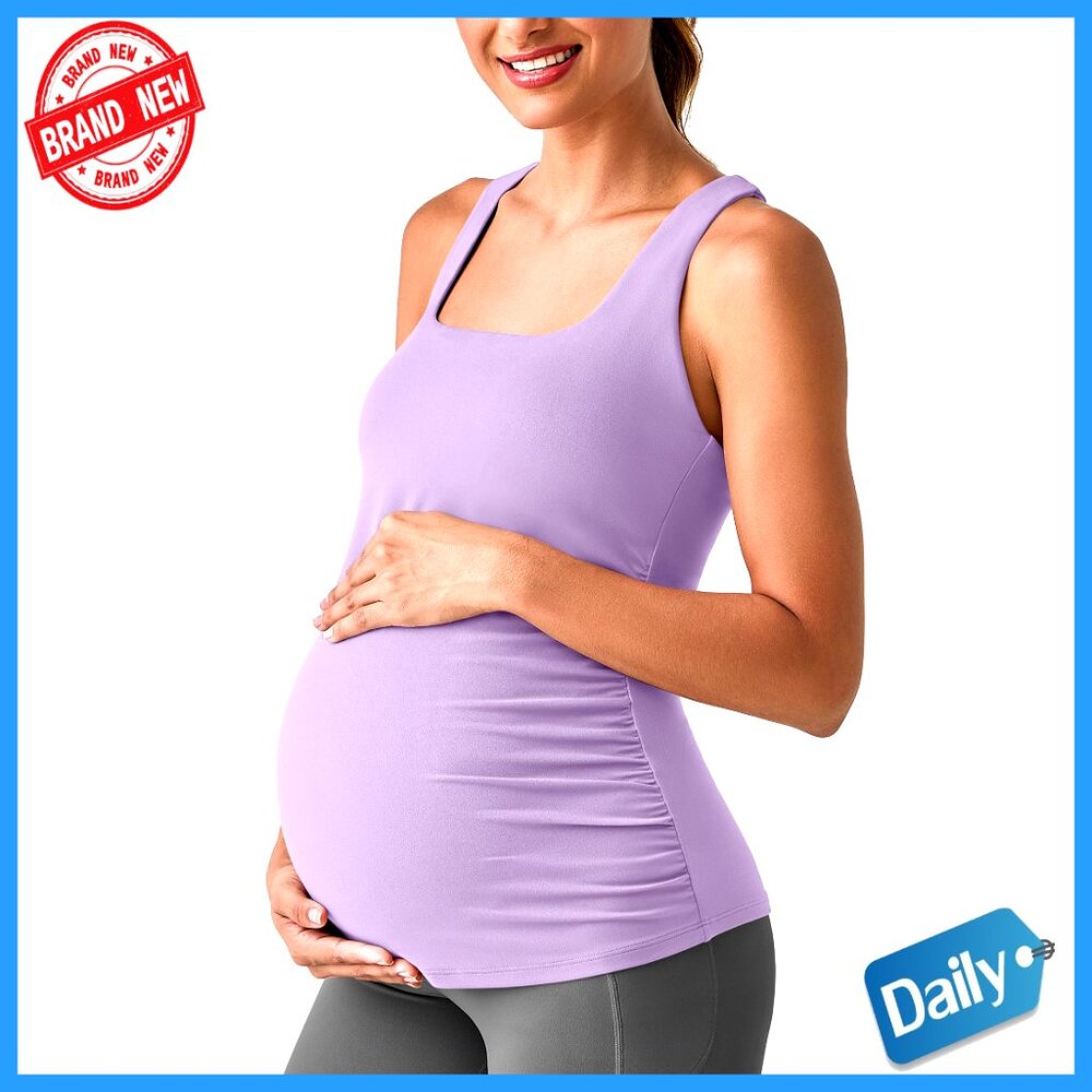 Maternity Racerback Tank Built-In Bra Ruched Yoga Workout Shirt Pregnancy